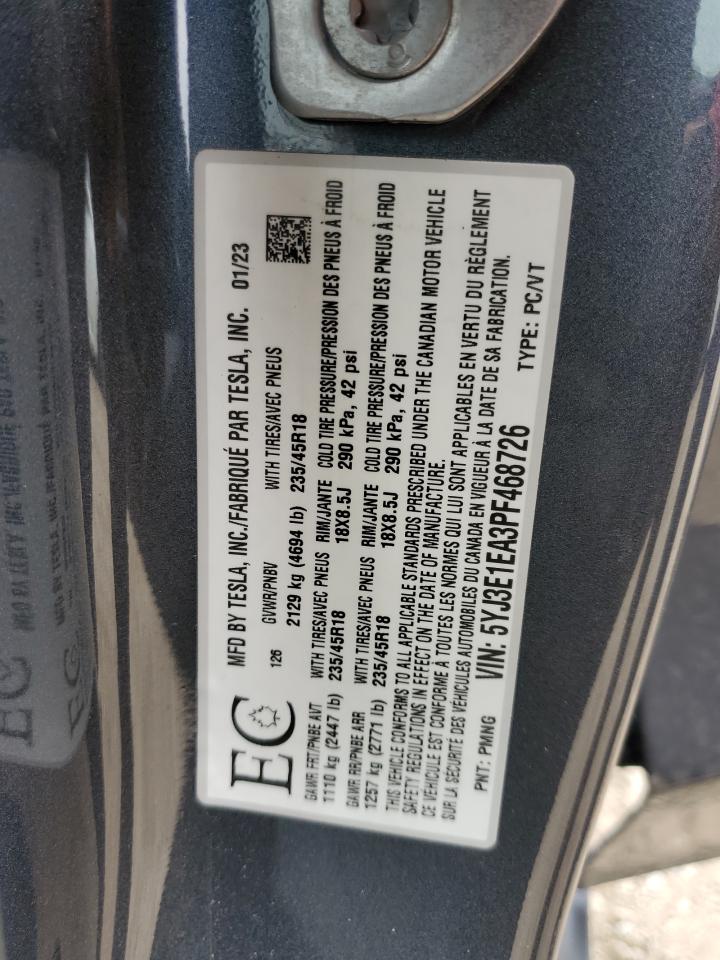 2023 TESLA MODEL 3 VIN:5YJ3E1EA3PF468726