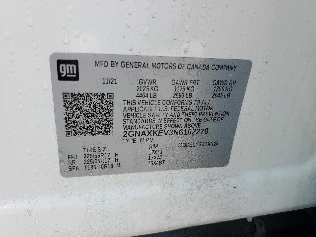 2022 CHEVROLET EQUINOX LT VIN:2GNAXKEV3N6102270