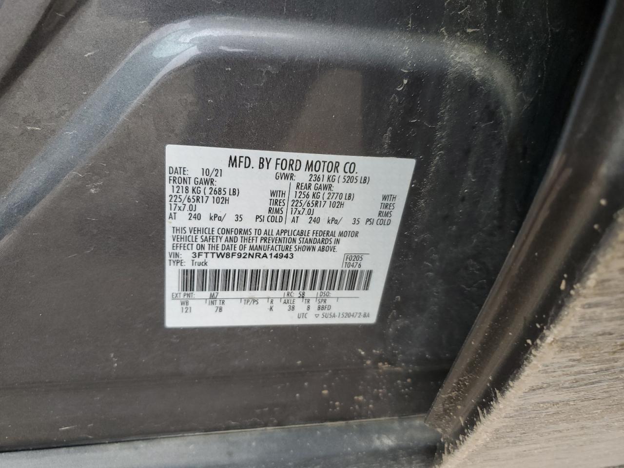 2022 FORD MAVERICK XL VIN:3FTTW8F92NRA14943