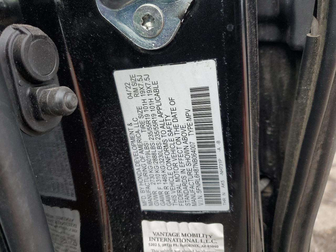 2022 HONDA ODYSSEY TOURING VIN:5FNRL6H87NB064007