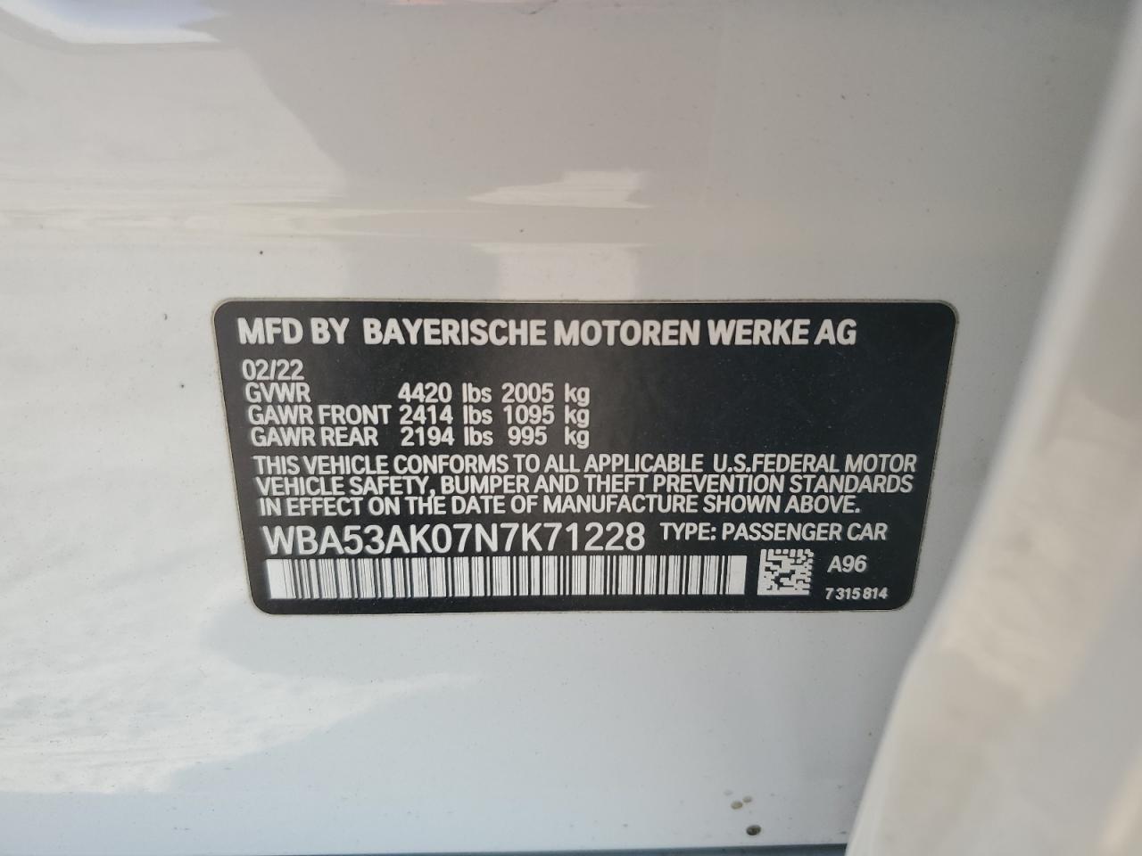 2022 BMW 228I VIN:WBA53AK07N7K71228