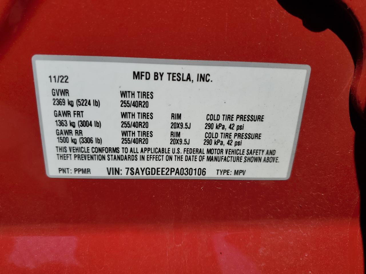 2023 TESLA MODEL Y VIN:7SAYGDEE2PA030106