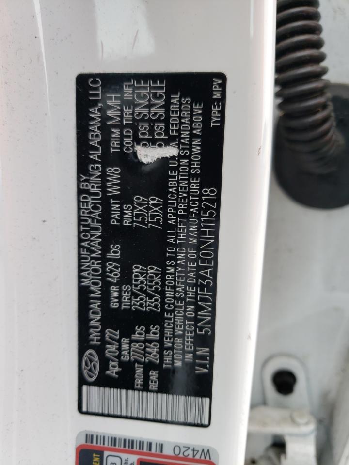 2022 HYUNDAI TUCSON SEL VIN:5NMJF3AE0NH115218