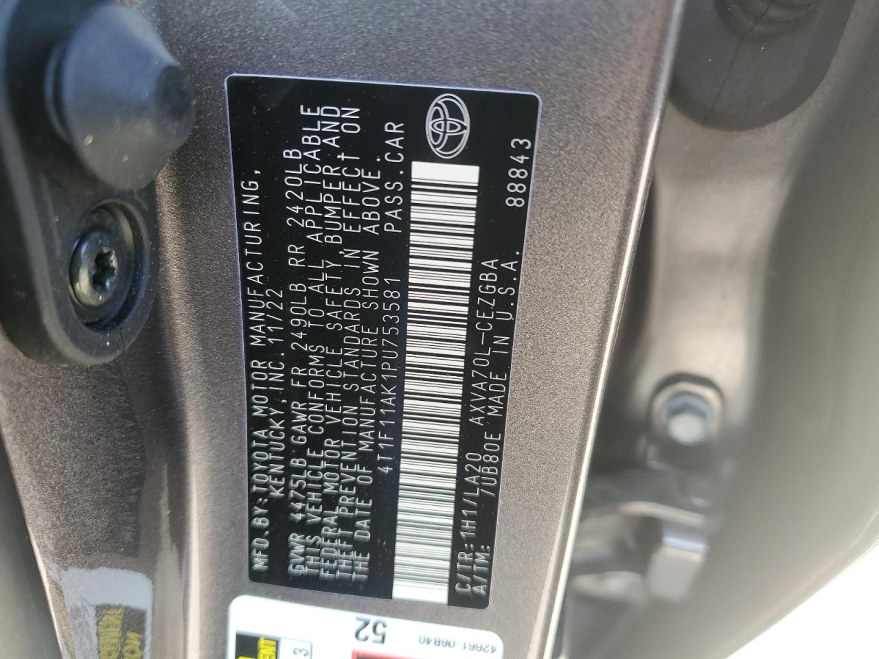 2023 TOYOTA CAMRY XLE VIN:4T1F11AK1PU753581