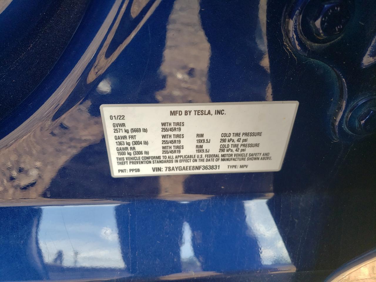 2022 TESLA MODEL Y VIN:7SAYGAEE8NF363831