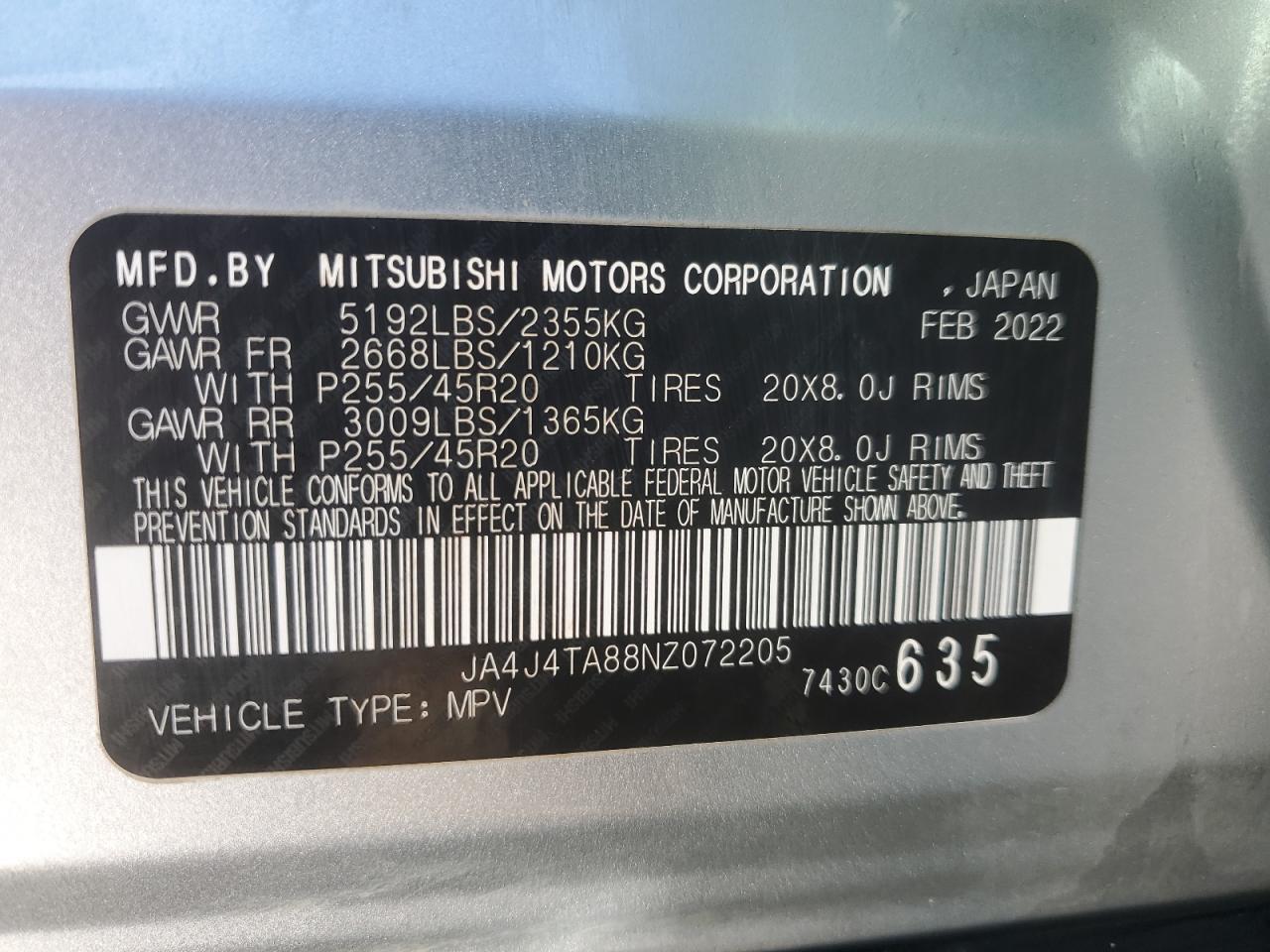 2022 MITSUBISHI OUTLANDER ES VIN:JA4J4TA88NZ072205