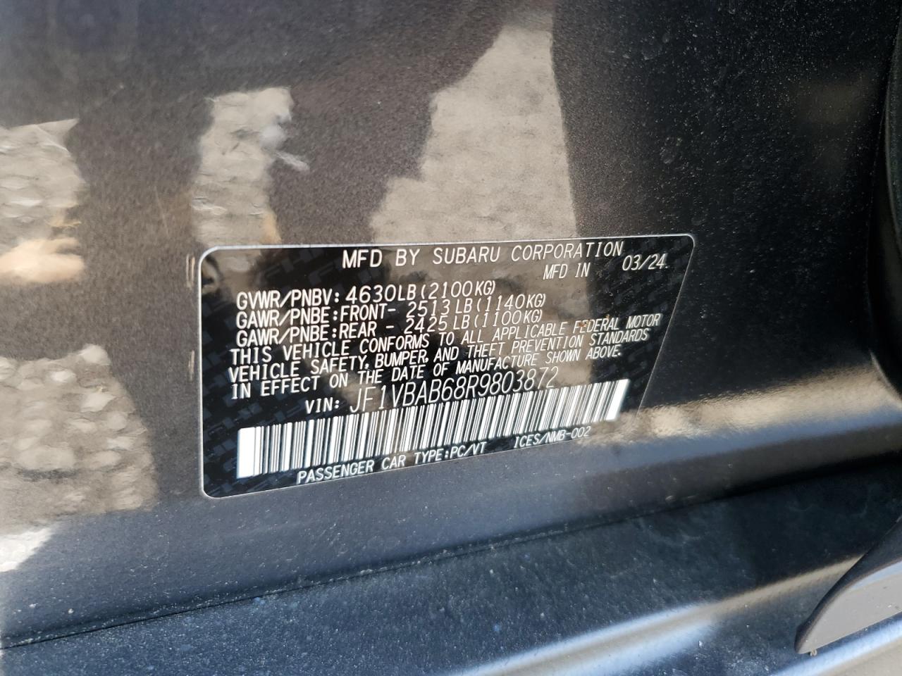 2024 SUBARU WRX VIN:JF1VBAB68R9803872