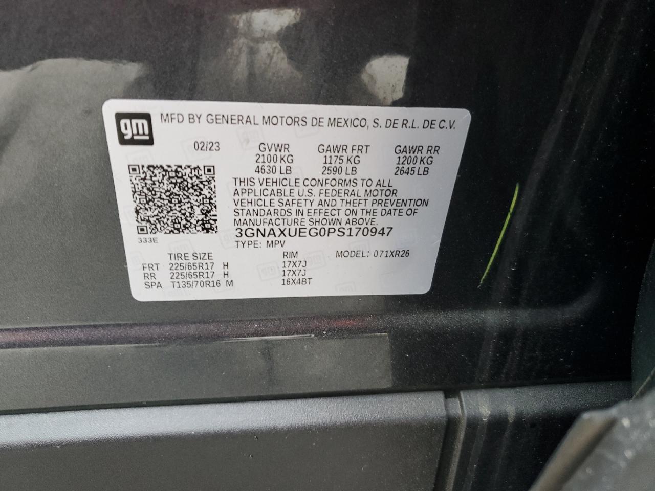 2023 CHEVROLET EQUINOX LT VIN:3GNAXUEG0PS170947