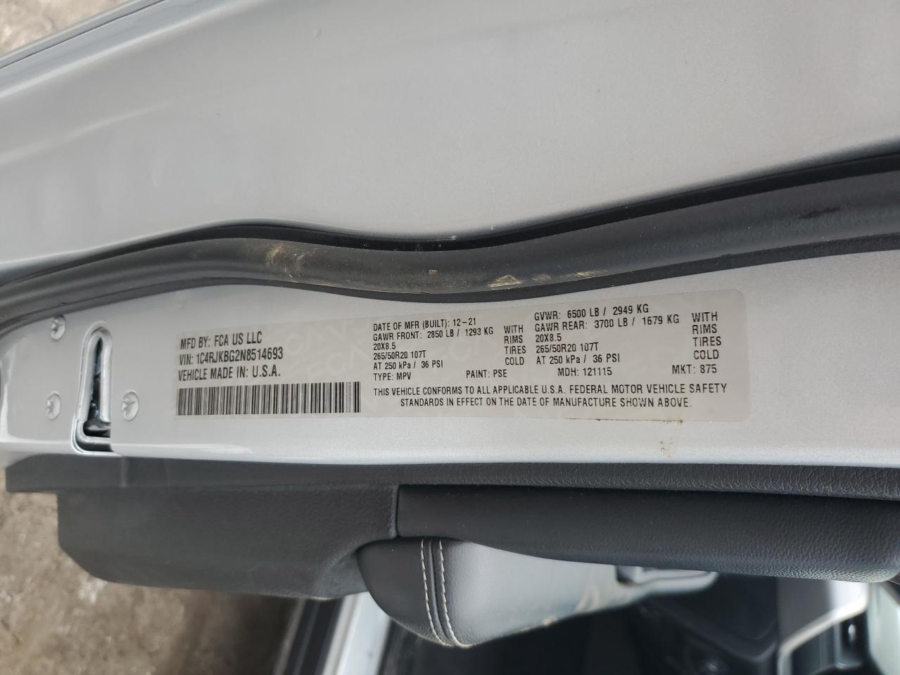 2022 JEEP GRAND CHEROKEE L LIMITED VIN:1C4RJKBG2N8514693
