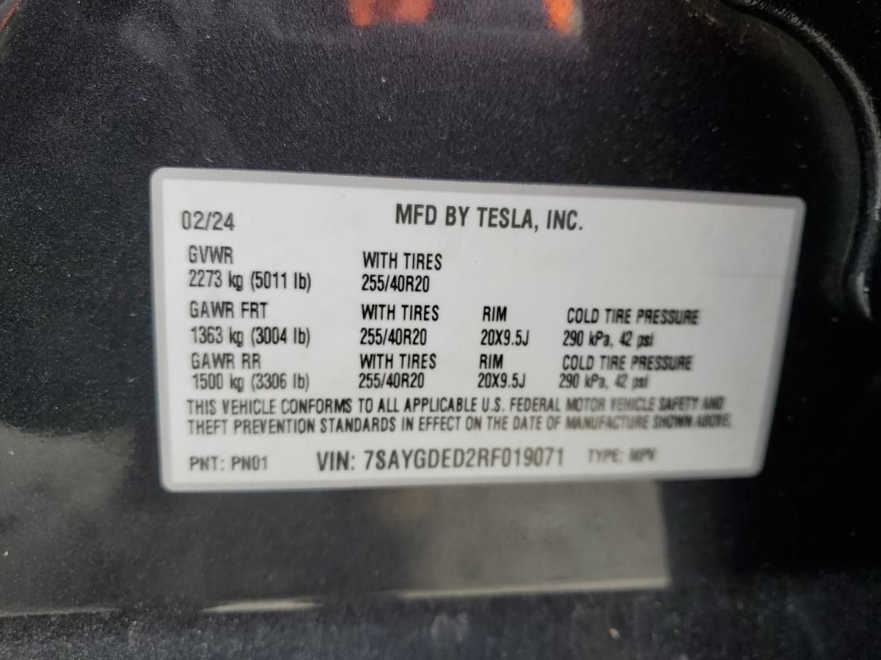 2024 TESLA MODEL Y VIN:7SAYGDED2RF019071