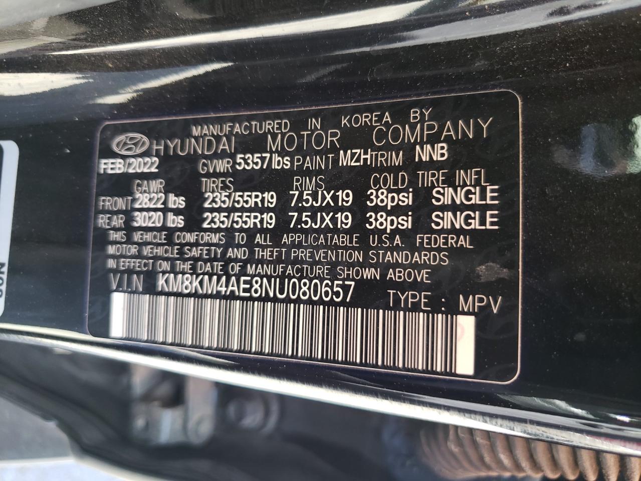 2022 HYUNDAI IONIQ 5 SE VIN:KM8KM4AE8NU080657