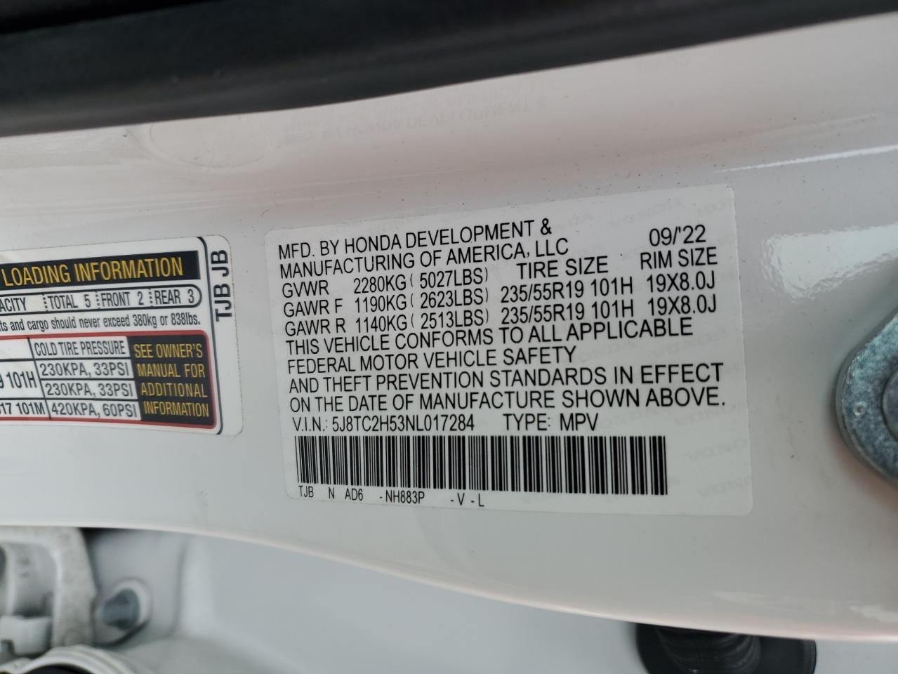 2022 ACURA RDX TECHNOLOGY VIN:5J8TC2H53NL017284