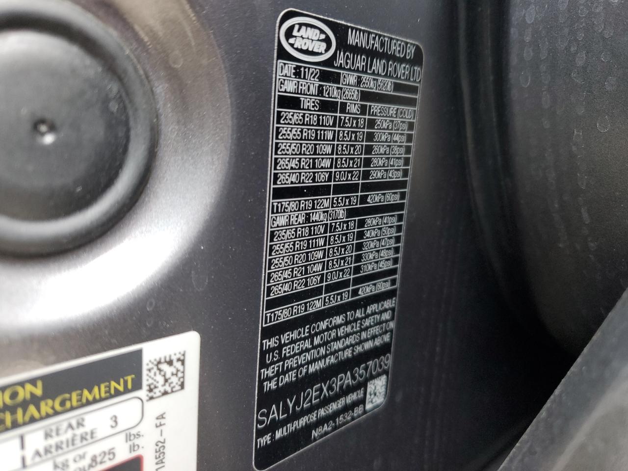 2023 LAND ROVER RANGE ROVER VELAR S VIN:SALYJ2EX3PA357039