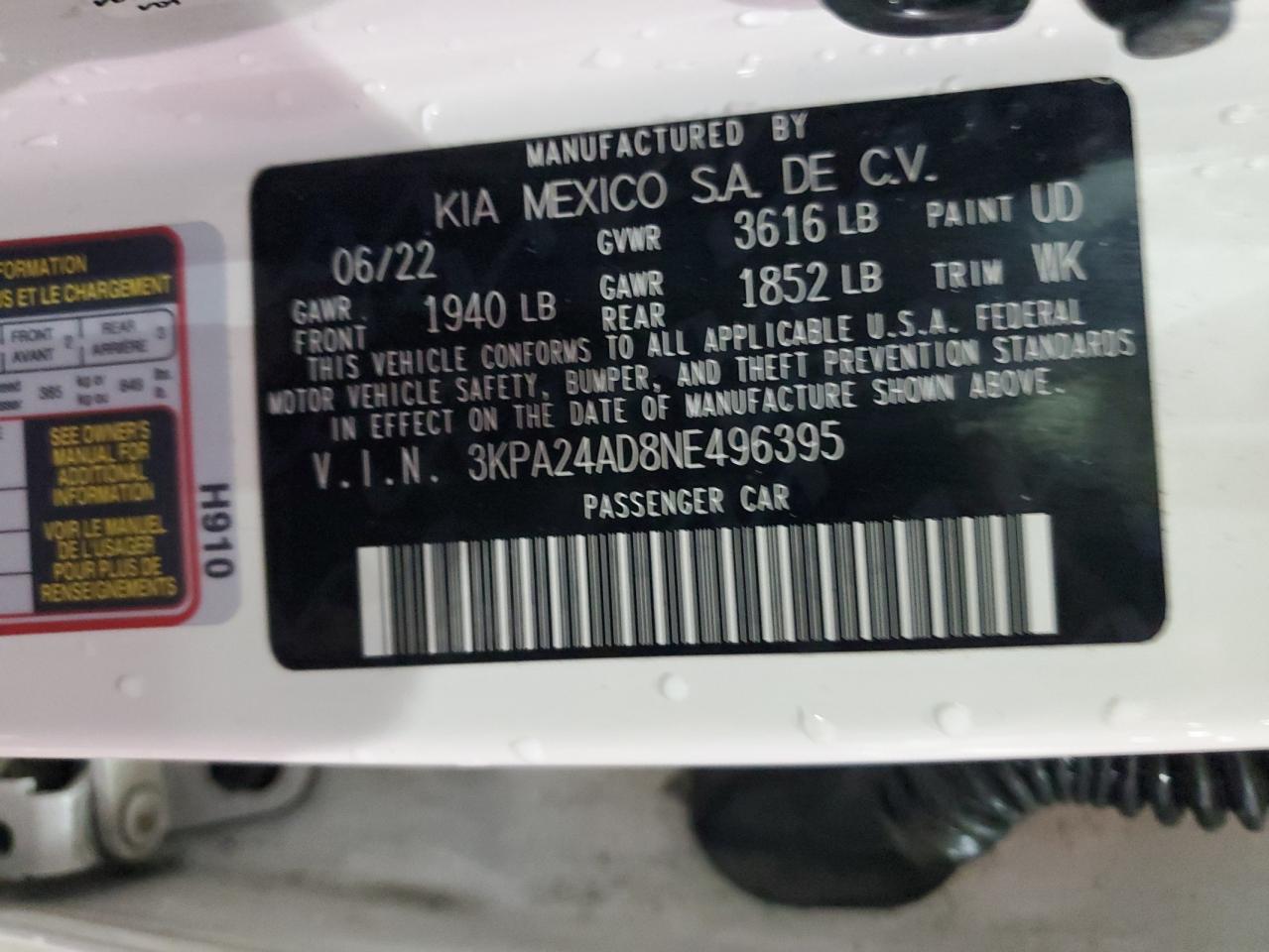 2022 KIA RIO LX VIN:3KPA24AD8NE496395