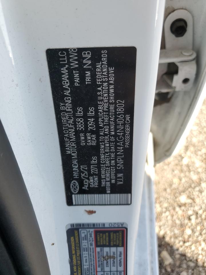 2022 HYUNDAI ELANTRA SEL VIN:5NPLN4AG4NH061802