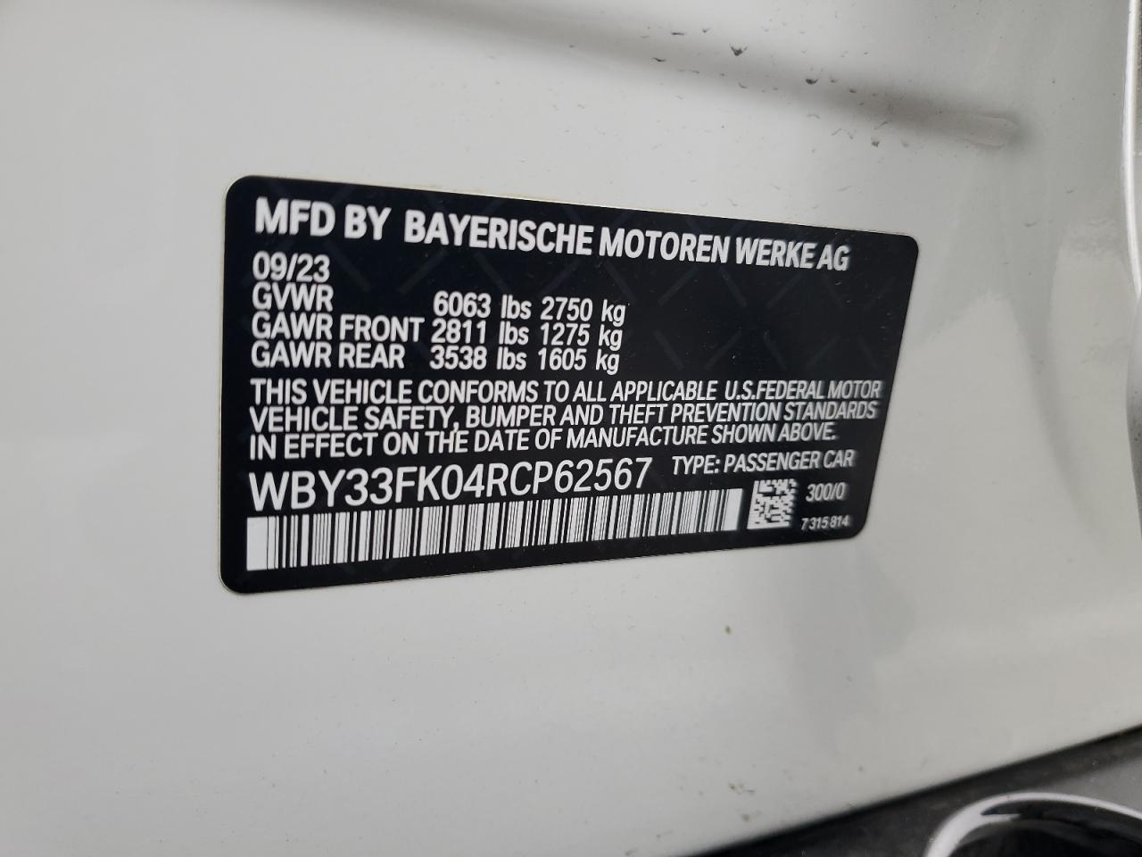 2024 BMW I5 EDRIVE 40 VIN:WBY33FK04RCP62567