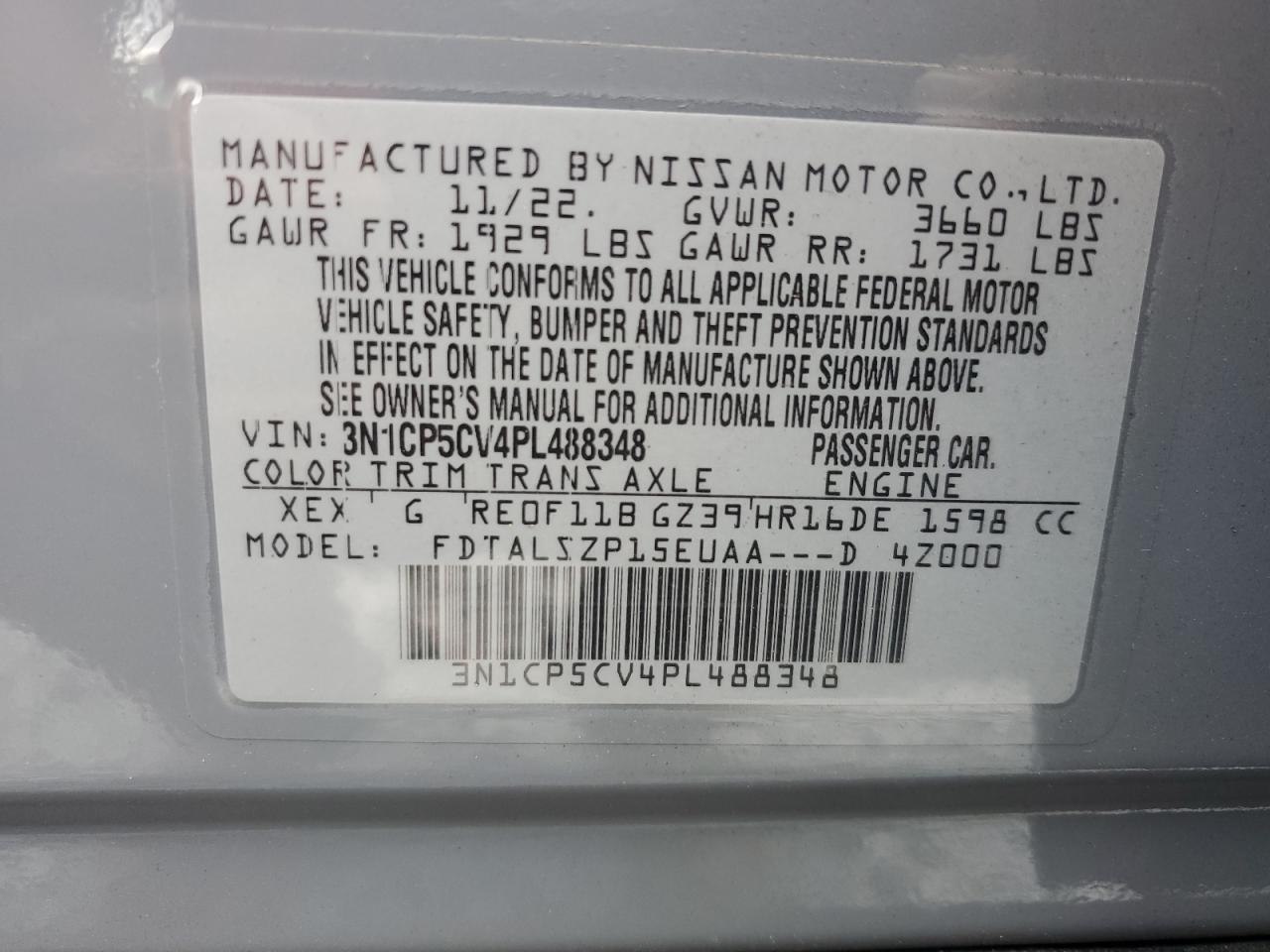 2023 NISSAN KICKS SV VIN:3N1CP5CV4PL488348