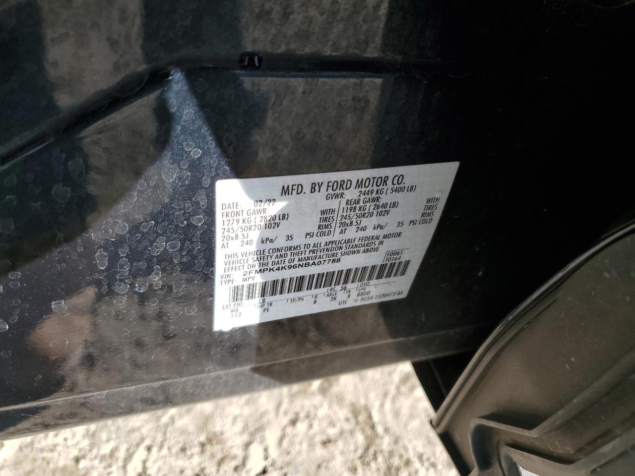 2022 FORD EDGE TITANIUM VIN:2FMPK4K96NBA07788