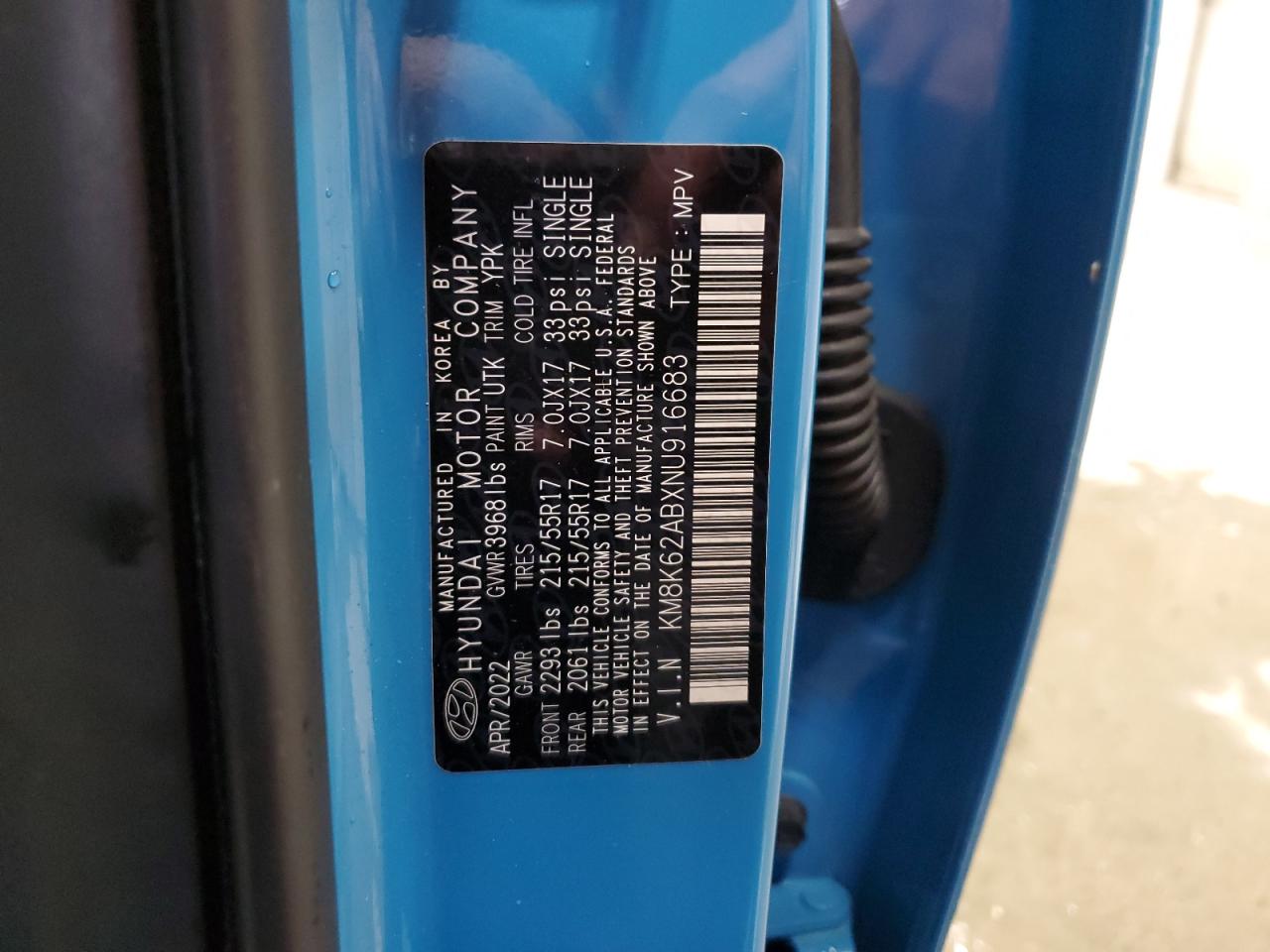 2022 HYUNDAI KONA SEL VIN:KM8K62ABXNU916683