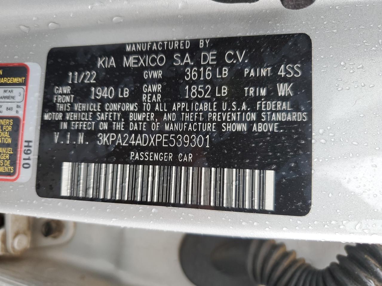 2023 KIA RIO LX VIN:3KPA24ADXPE539301