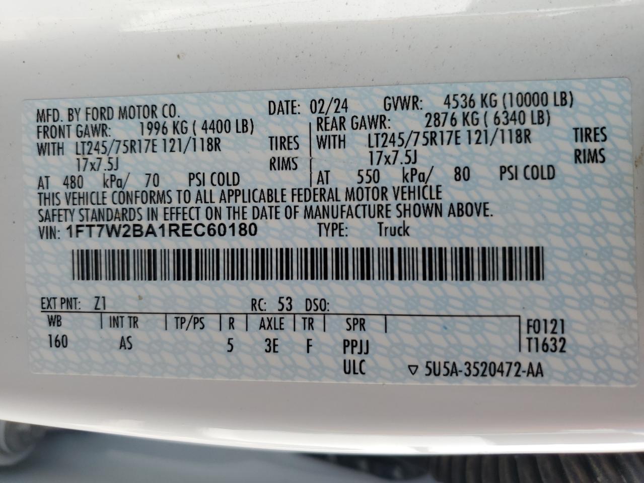 2024 FORD F250 SUPER DUTY VIN:1FT7W2BA1REC60180
