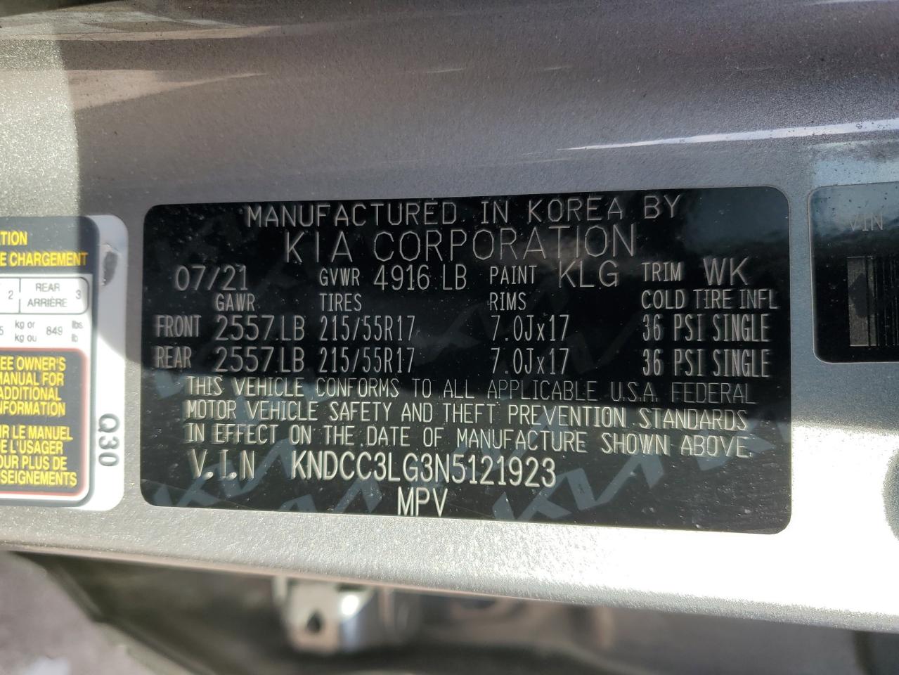 2022 KIA NIRO S VIN:KNDCC3LG3N5121923