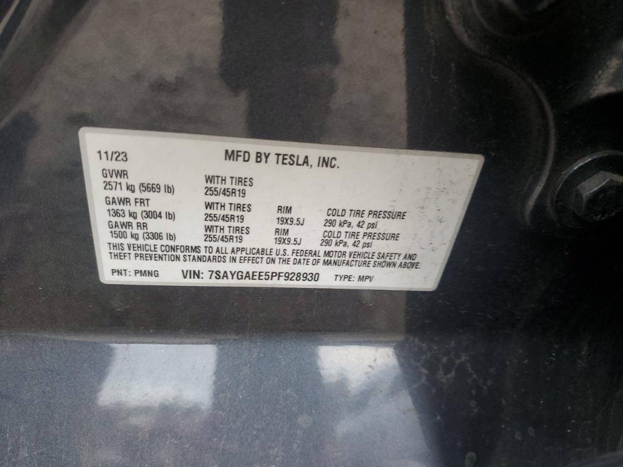 2023 TESLA MODEL Y VIN:7SAYGAEE5PF928930