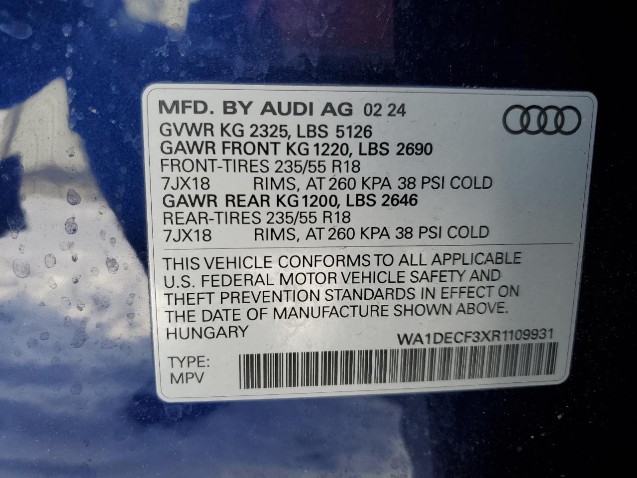 2024 AUDI Q3 PREMIUM S LINE 45 VIN:WA1DECF3XR1109931
