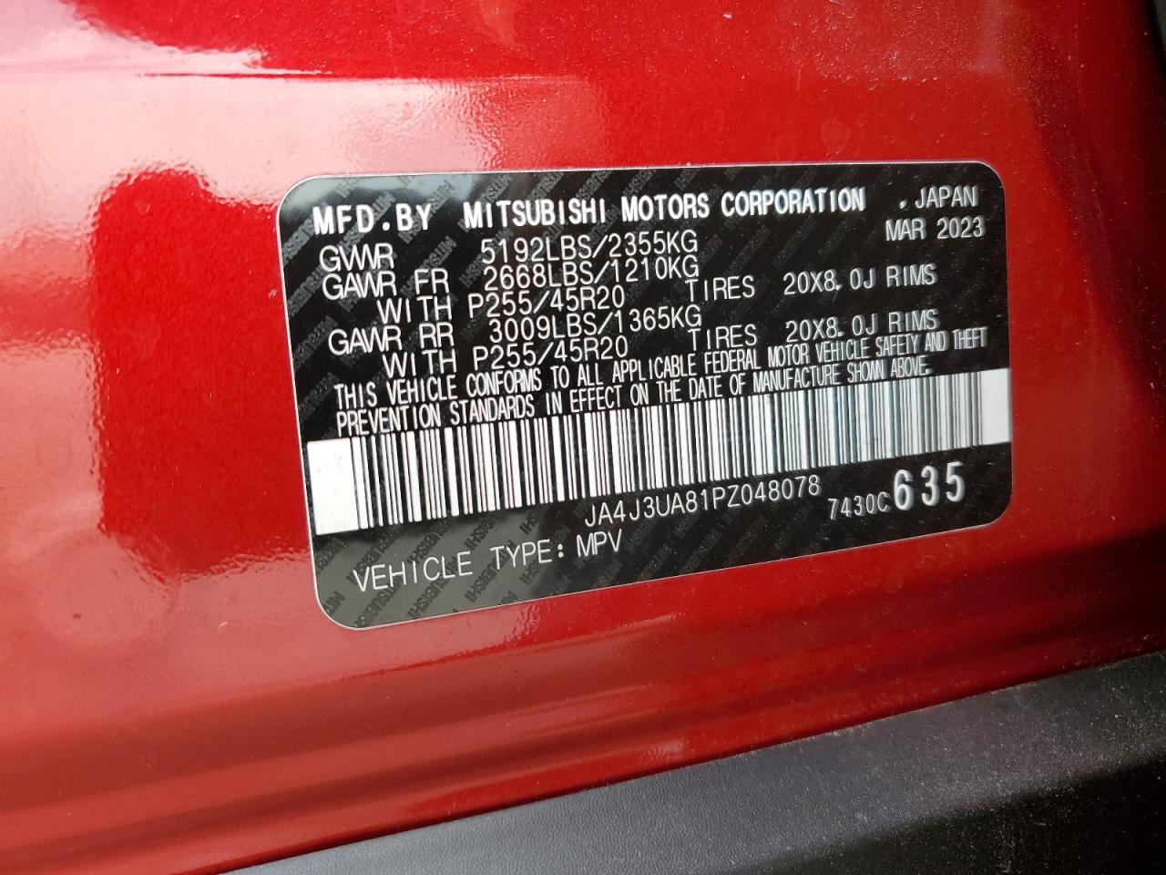 2023 MITSUBISHI OUTLANDER SE VIN:JA4J3UA81PZ048078