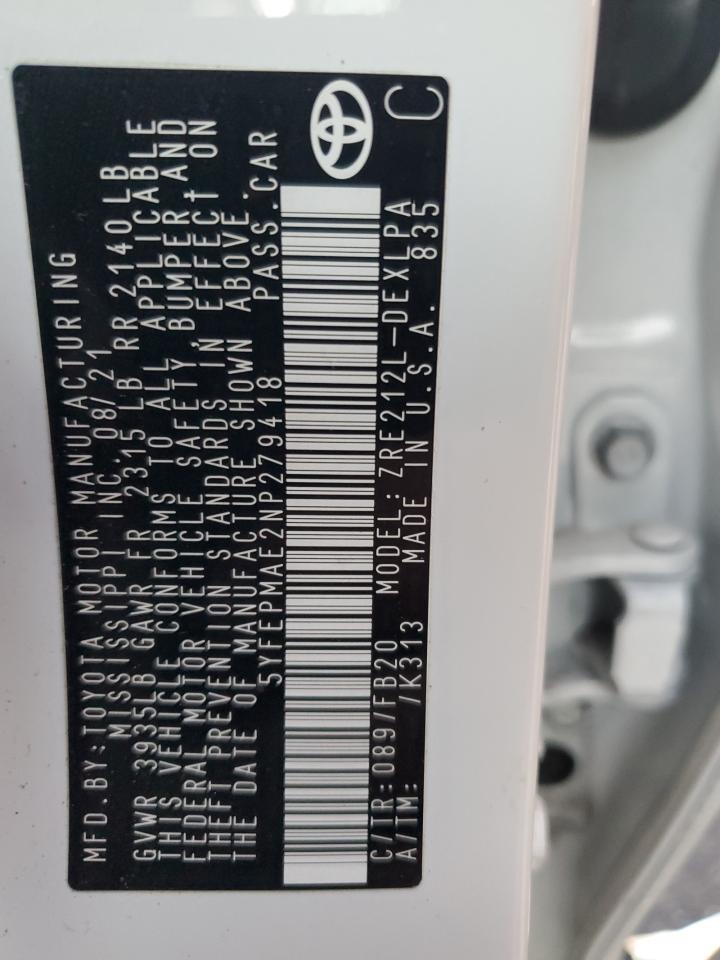 2022 TOYOTA COROLLA LE VIN:5YFEPMAE2NP279418