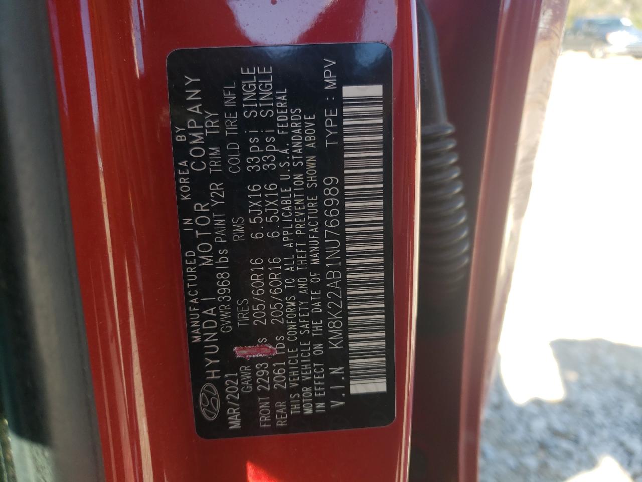 2022 HYUNDAI KONA SEL VIN:KM8K22AB1NU766989