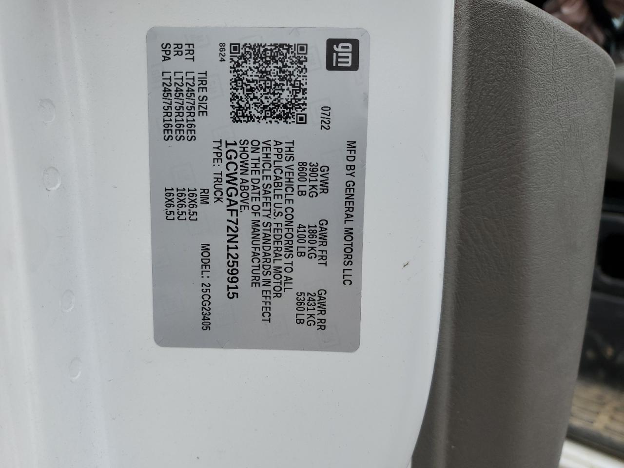 2022 CHEVROLET EXPRESS G2500 VIN:1GCWGAF72N1259915