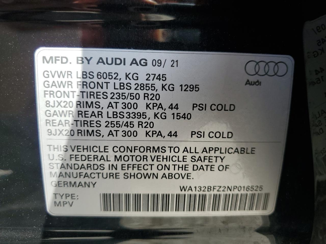 2022 AUDI Q4 E-TRON SPORTBACK PREM PLUS S LINE VIN:WA132BFZ2NP016525