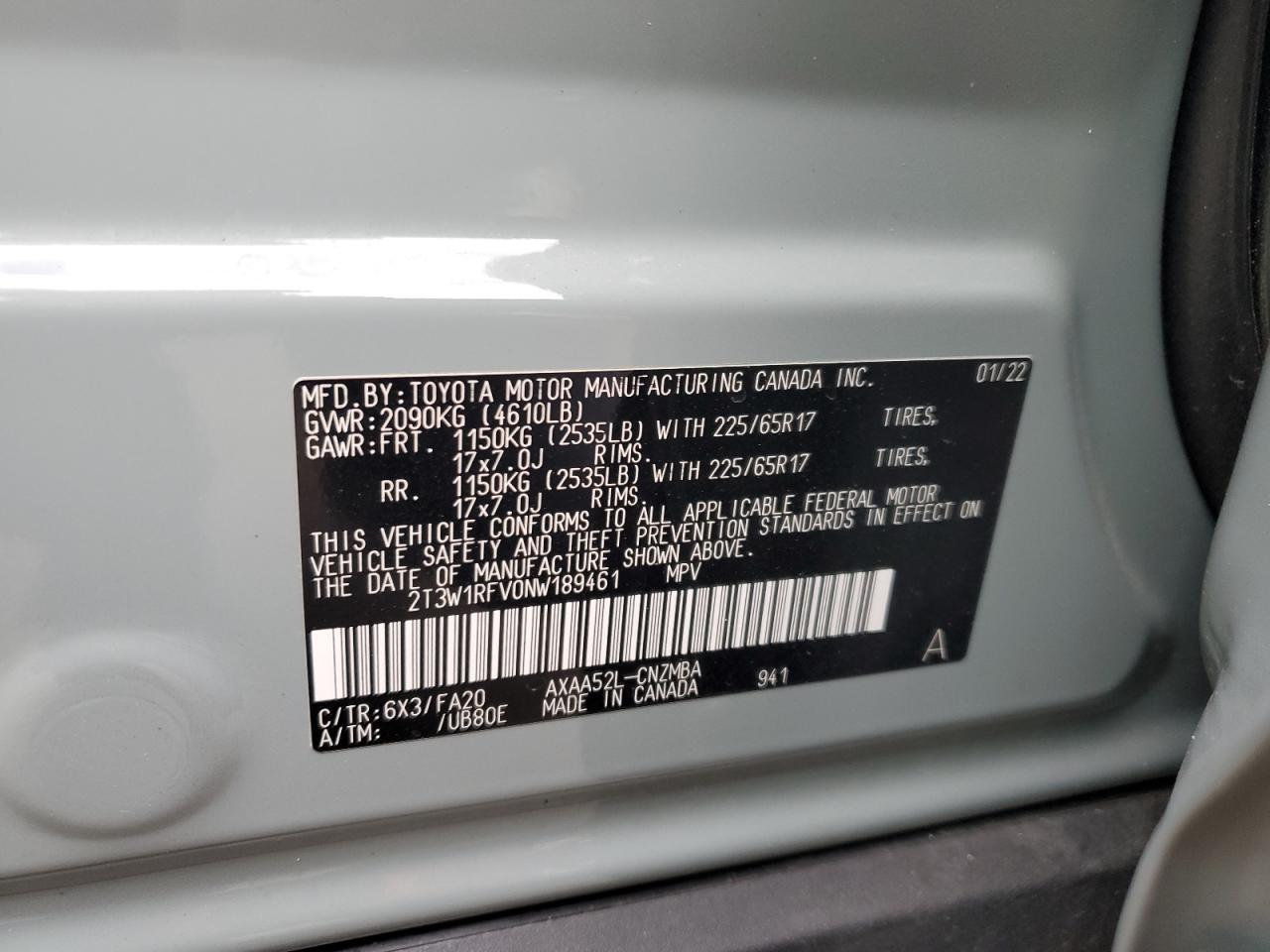 2022 TOYOTA RAV4 XLE VIN:2T3W1RFV0NW189461