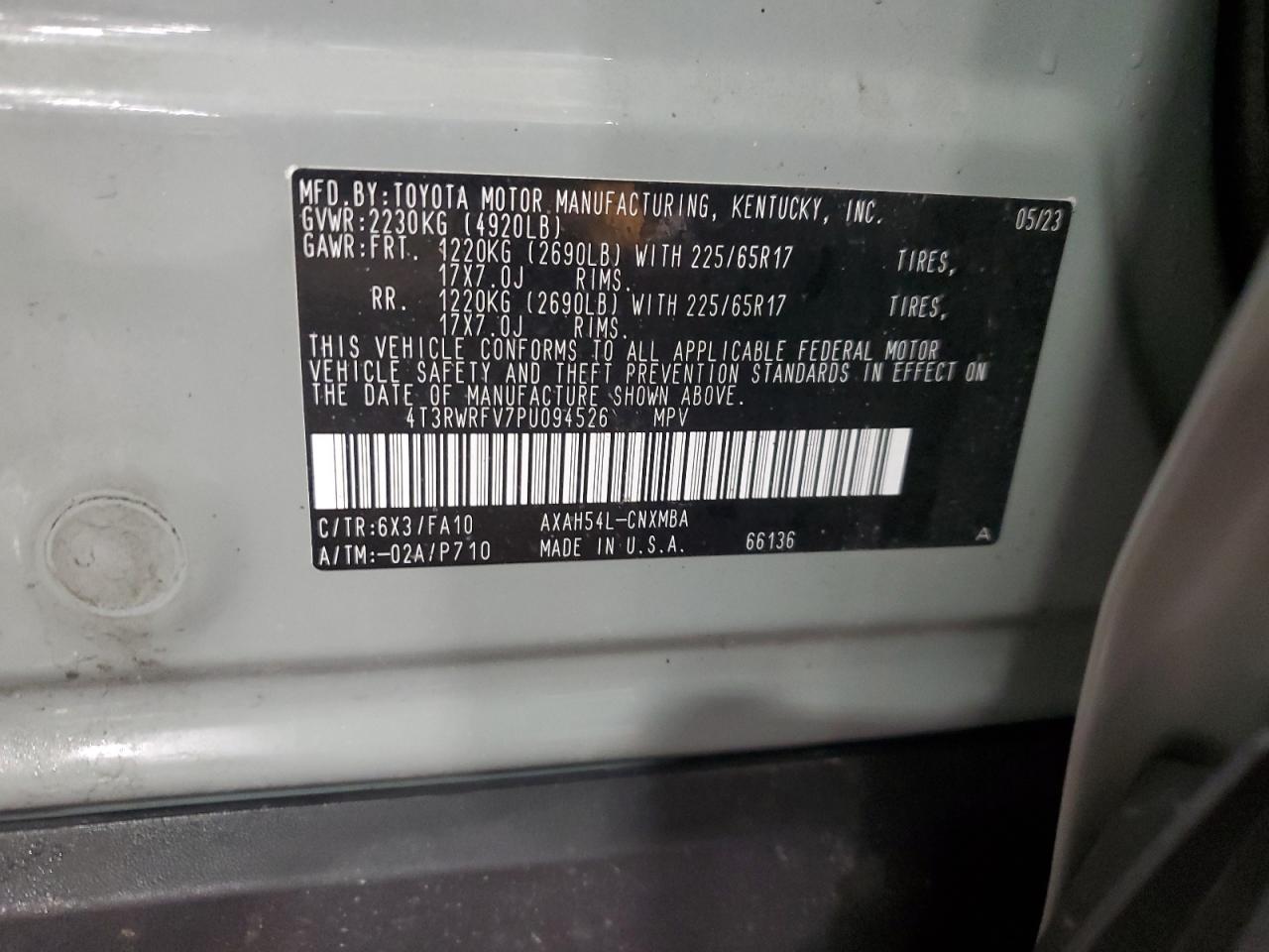 2023 TOYOTA RAV4 XLE VIN:4T3RWRFV7PU094526