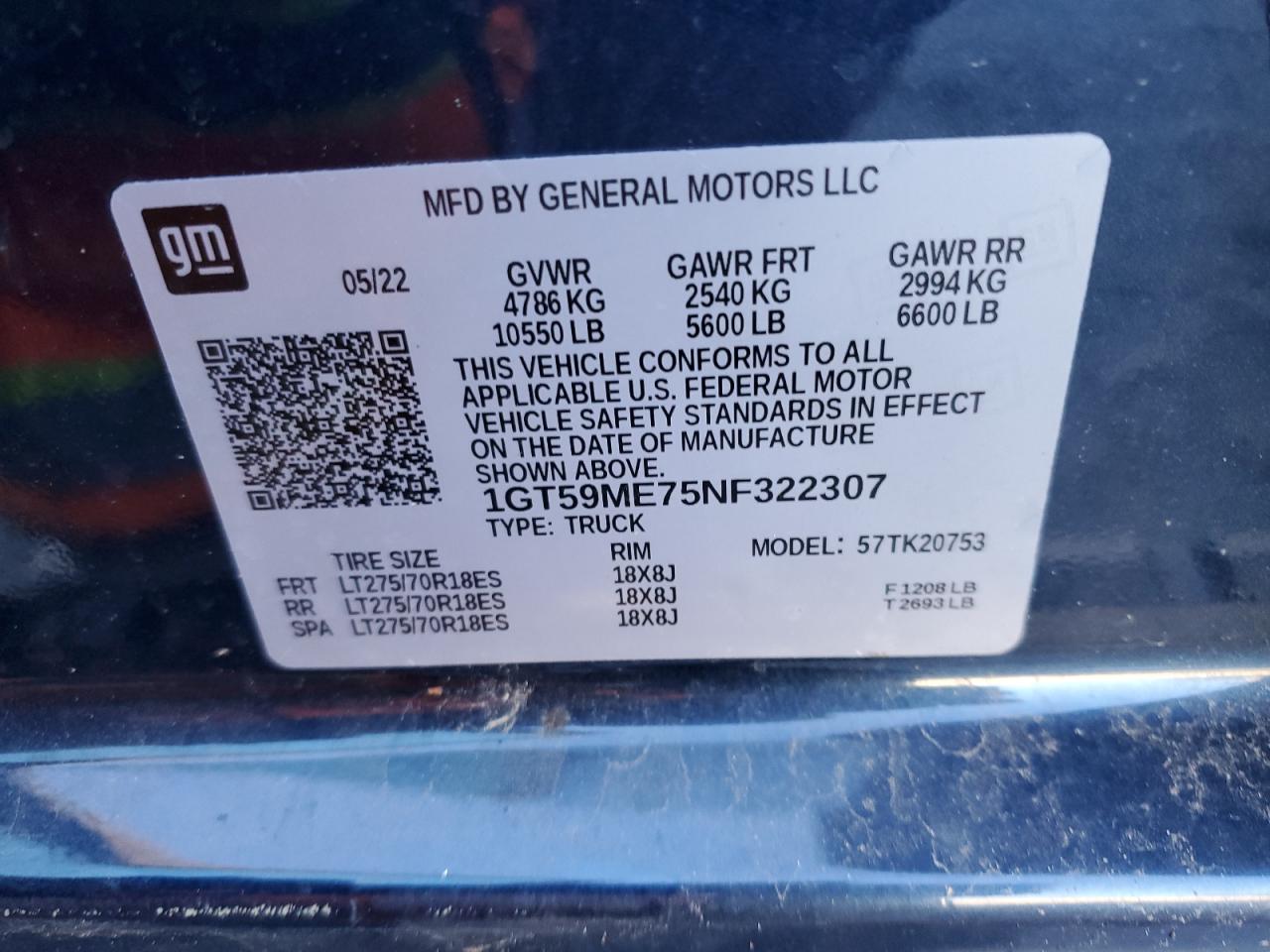 2022 GMC SIERRA K2500 SLE VIN:1GT59ME75NF322307