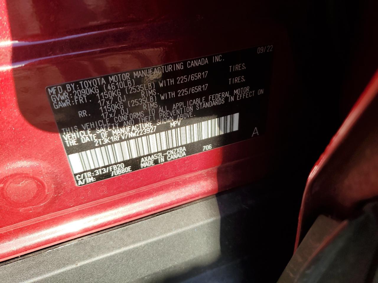 2022 TOYOTA RAV4 LE VIN:2T3K1RFV7NW223927