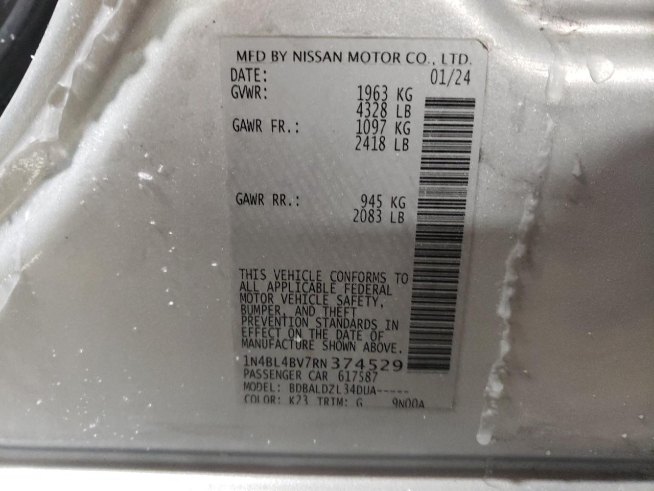 2024 NISSAN ALTIMA S VIN:1N4BL4BV7RN374529