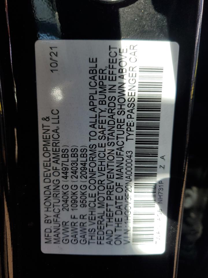 2022 HONDA ACCORD HYBRID SPORT VIN:1HGCV3F20NA000043