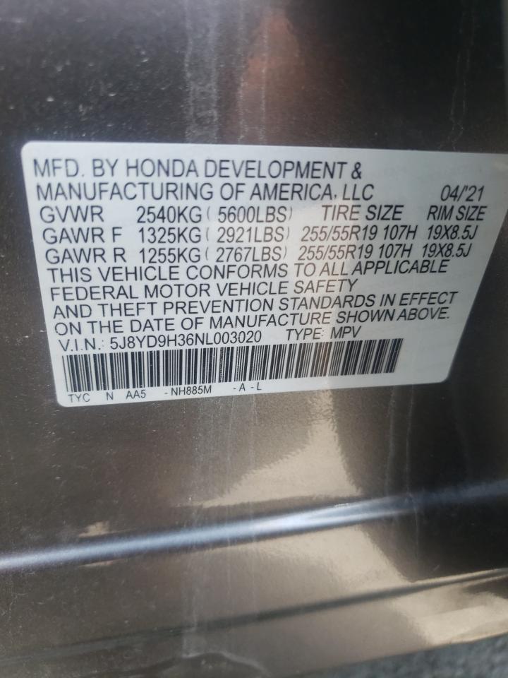 2022 ACURA MDX VIN:5J8YD9H36NL003020