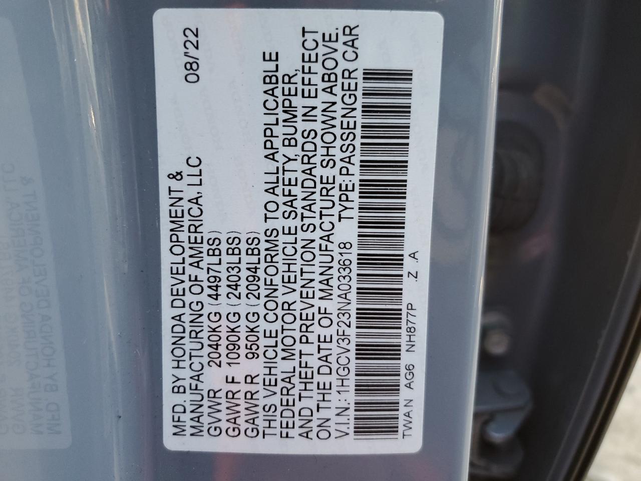 2022 HONDA ACCORD HYBRID SPORT VIN:1HGCV3F23NA033618
