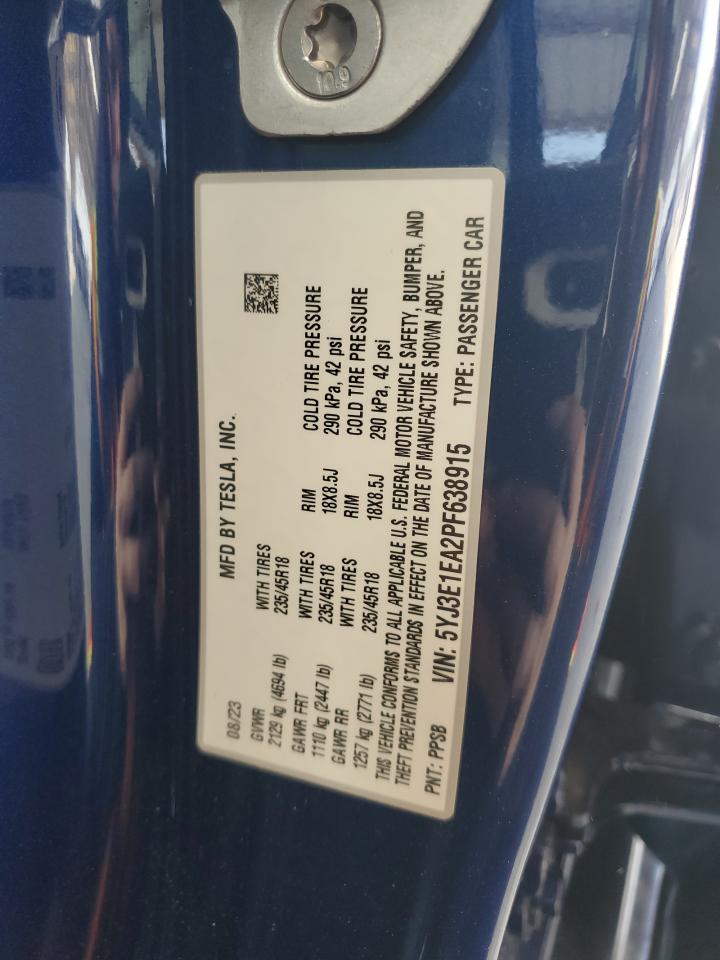 2023 TESLA MODEL 3 VIN:5YJ3E1EA2PF638915