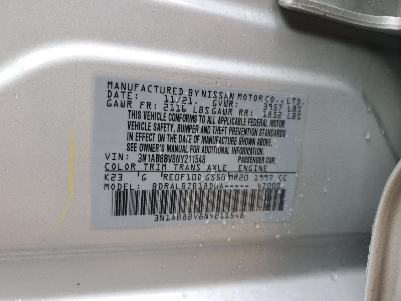 2022 NISSAN SENTRA S VIN:3N1AB8BV8NY211548