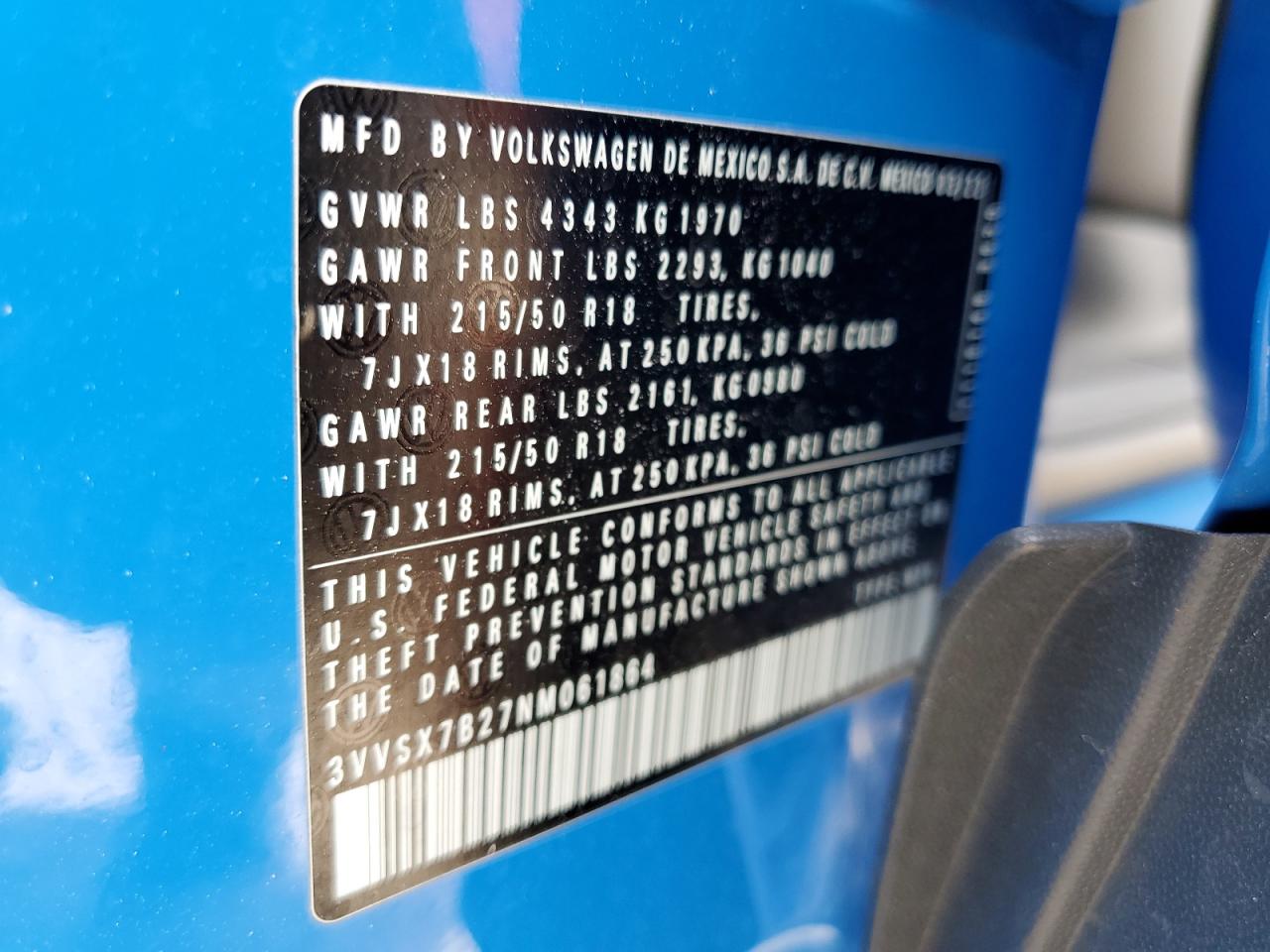 2022 VOLKSWAGEN TAOS SE VIN:3VVSX7B27NM061864