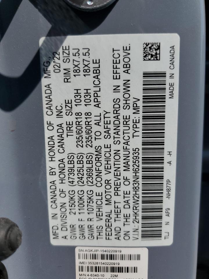 2022 HONDA CR-V EXL VIN:2HKRW2H83NH625935