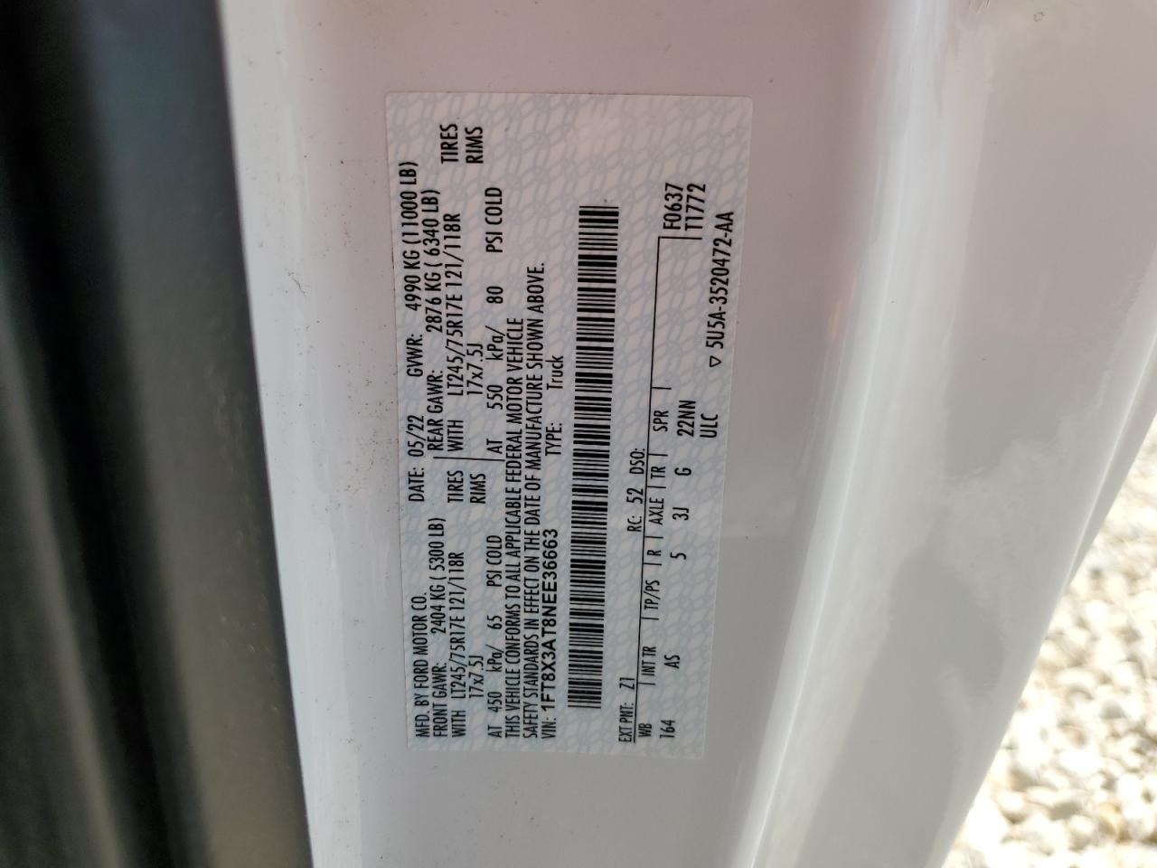 2022 FORD F350 SUPER DUTY VIN:1FT8X3AT8NEE36663
