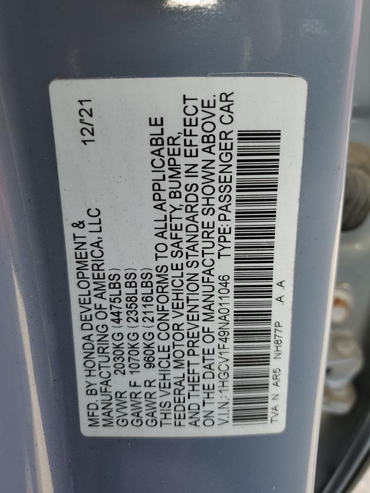 2022 HONDA ACCORD SPORT SE VIN:1HGCV1F49NA011046