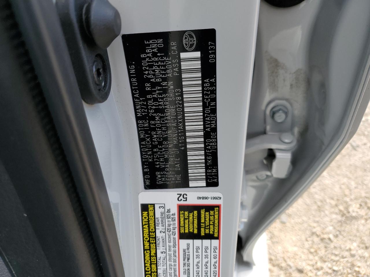 2022 TOYOTA CAMRY SE VIN:4T1G11AKXNU022813