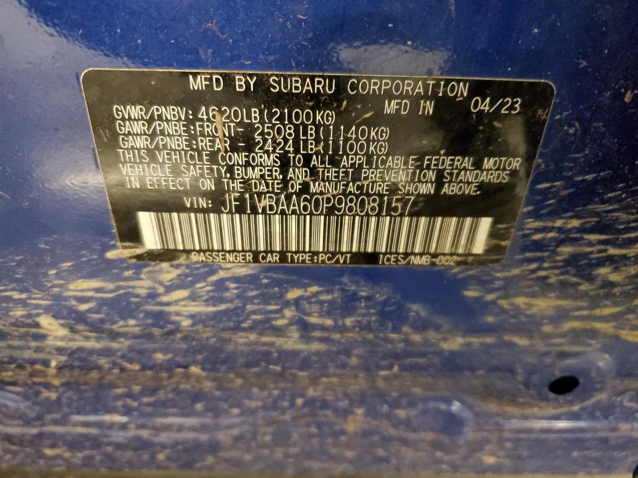 2023 SUBARU WRX VIN:JF1VBAA60P9808157