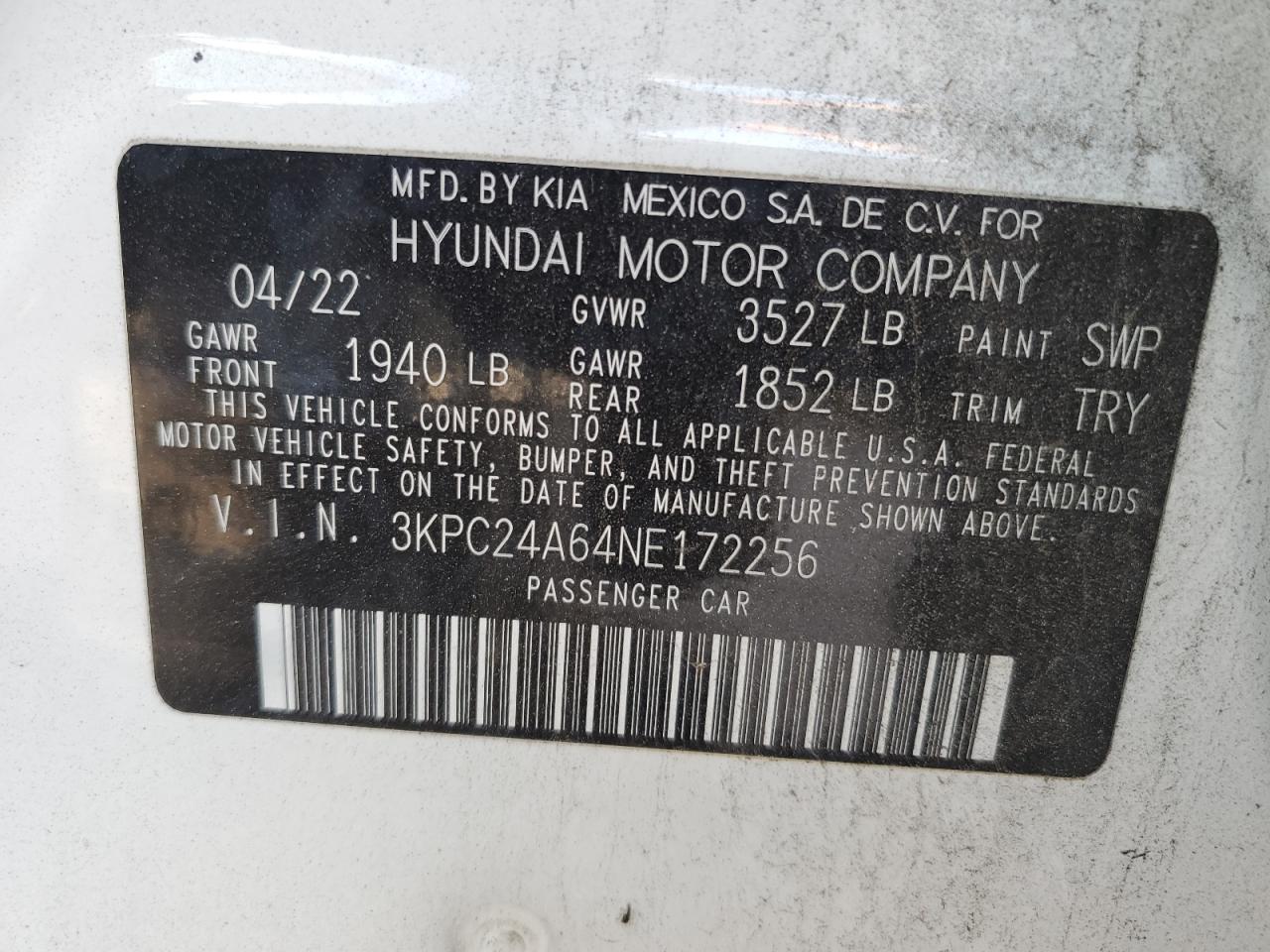 2022 HYUNDAI ACCENT SE VIN:3KPC24A64NE172256